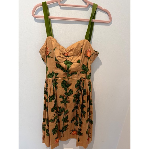 Betsey Johnson Dresses & Skirts - Vintage Betsey Johnson New York Rose Print Velvet Strap Dress Tan Green Size 8